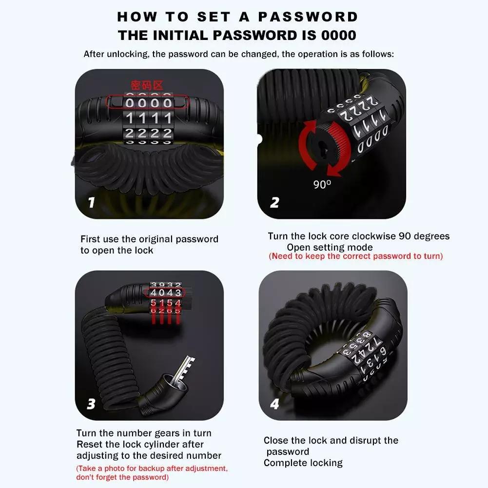 Аксессуары для велосипеда Прочный замок на шлем Цепь 4-значный пароль Комбинация Портативный велосипед Мотоцикл Противоугонный трос Lockstitch