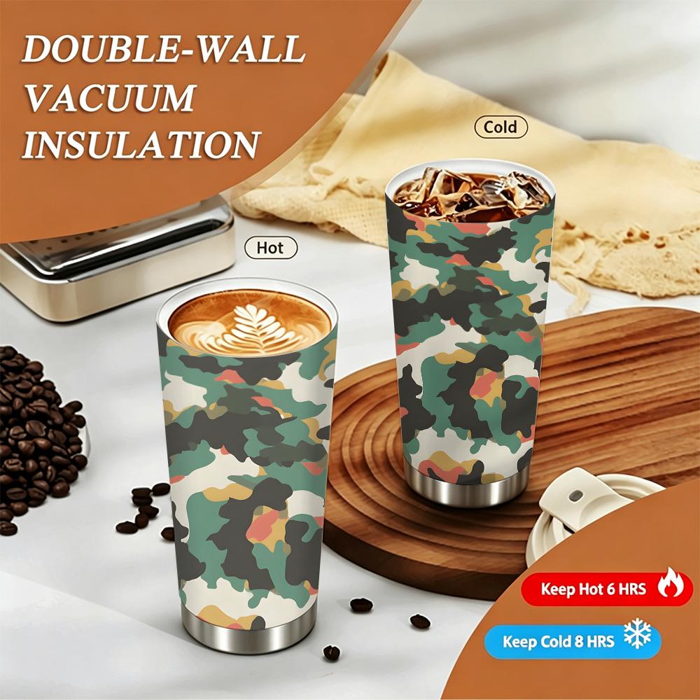 Camo Print Outdoor Adventure Gear Insulated Coffee Tumbler Stainless Steel Travel Mug, Leakproof Reusable Cup for Hiking Camping