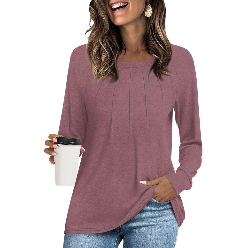 Женская модная повседневная плиссированная футболка с круглым вырезом и длинным рукавом, однотонная футболка, удобный топ
