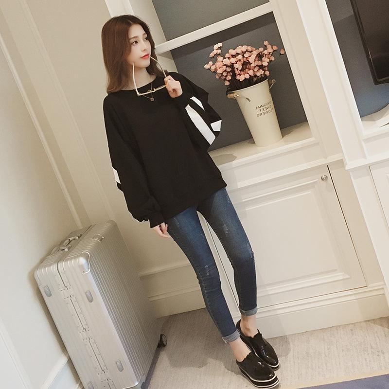 Осенняя новая корейская полосатая контрастная тонкая толстовка с рукавами-фонариками для студенток, свободная куртка с длинными рукавами