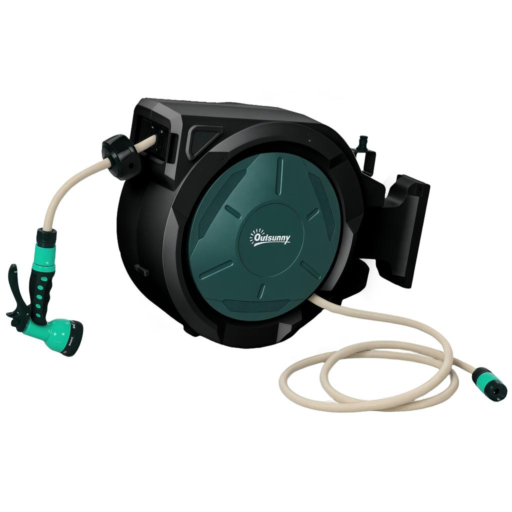 Wall-Mounted Watering Hose Reel 30 m x diameter 15 mm Automatic Retractable Water Hose Reel Automatic Green