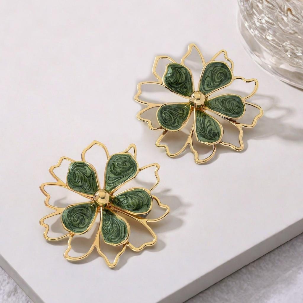 Белые Зеленые Серьги-Гвоздики с Цветами для Женщин Девочек Геометрические Серьги с Масляной Каплей Аксессуары Подарок на Праздничную Вечеринку Модные Ювелирные Изделия Подарки