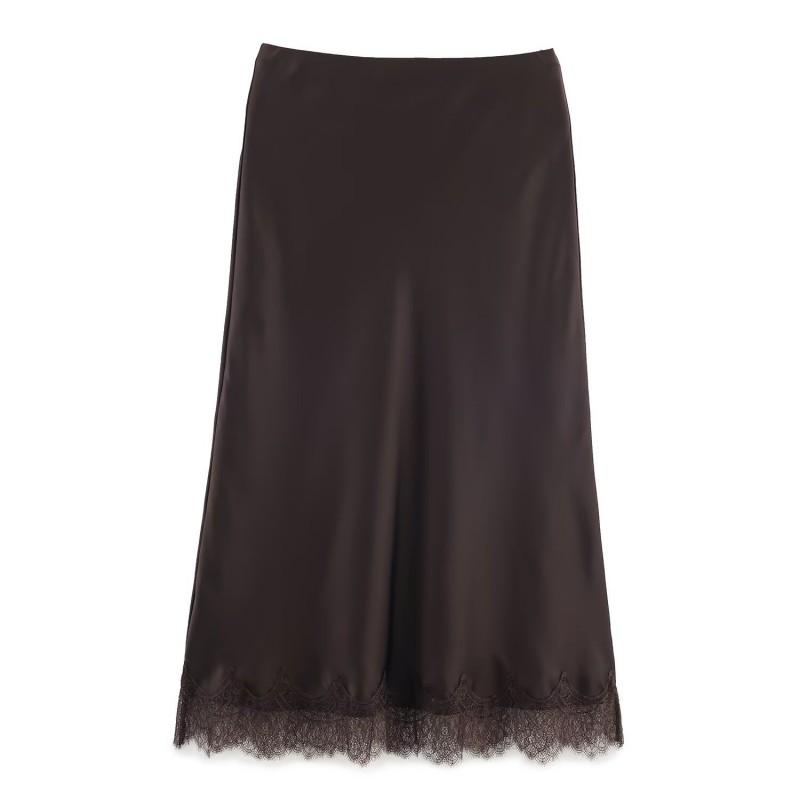 Womens Satin Midi Skirt Lace Trim Straight Fit Elegant Office Wear