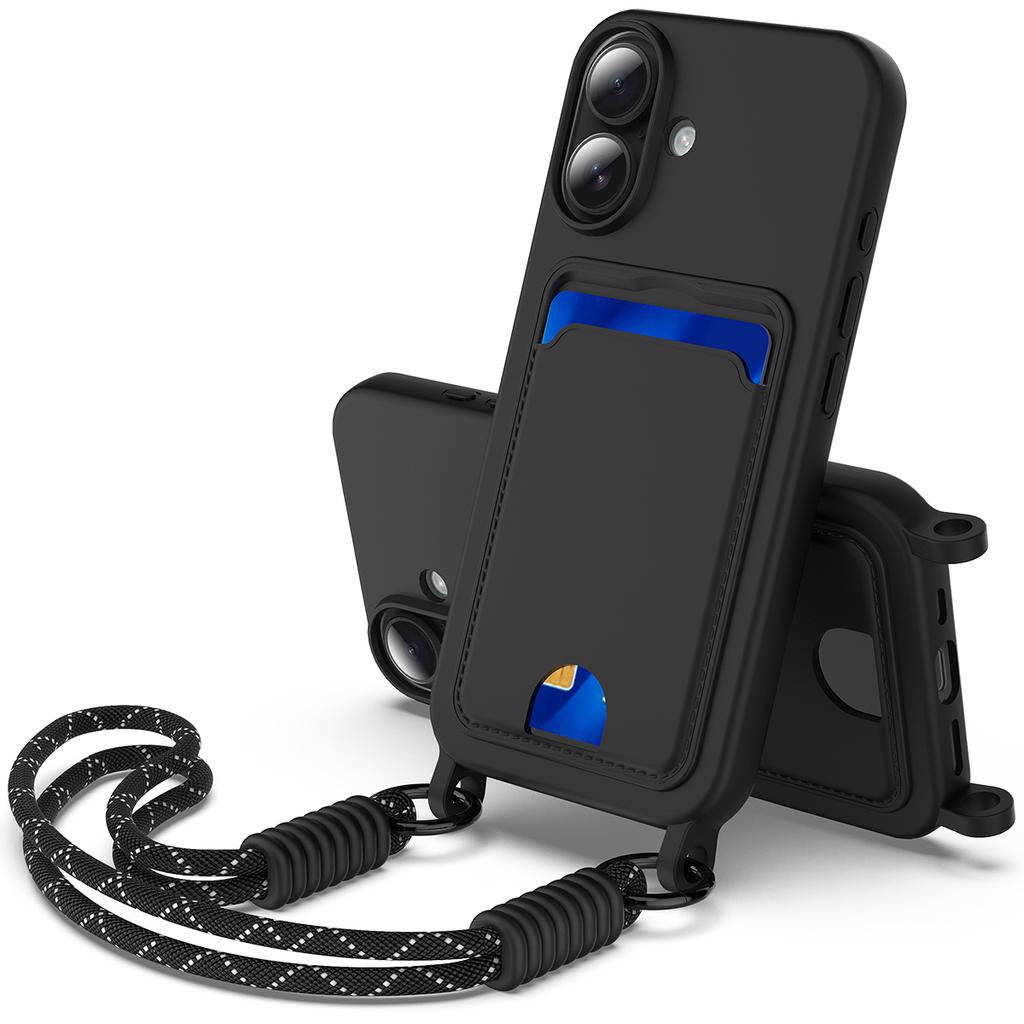 Чехол для iPhone 16 Plus Жидкий силикон Держатель для карт Задняя крышка телефона с коротким ремешком