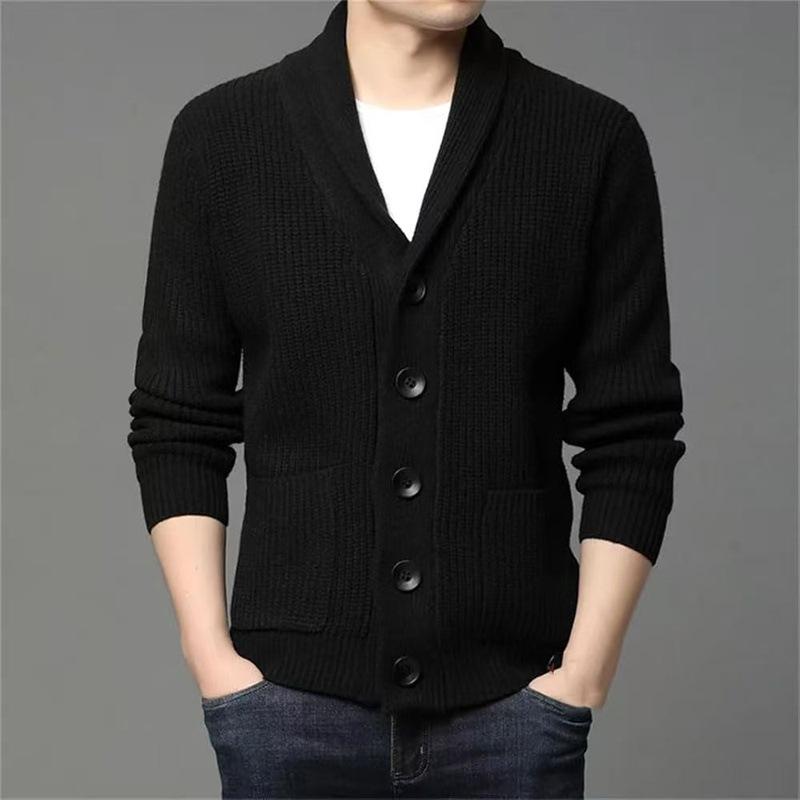 Autumn Winter Men's Thick Button Cardigan Green Fruit Collar Sweater V-neck Solid Color Casual Sweater
