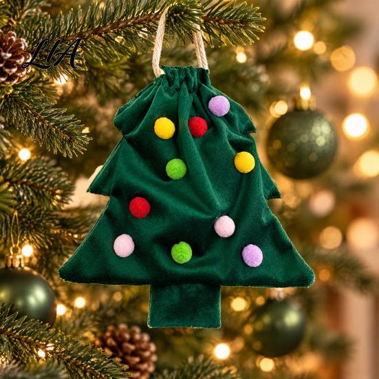Reusable Xmas Tree Decorations Christmas Drawstring Gift Bag, Plush Pom Bell Hanging Velvet Bags for Candy Ornament, Pouch Decor Holiday Door