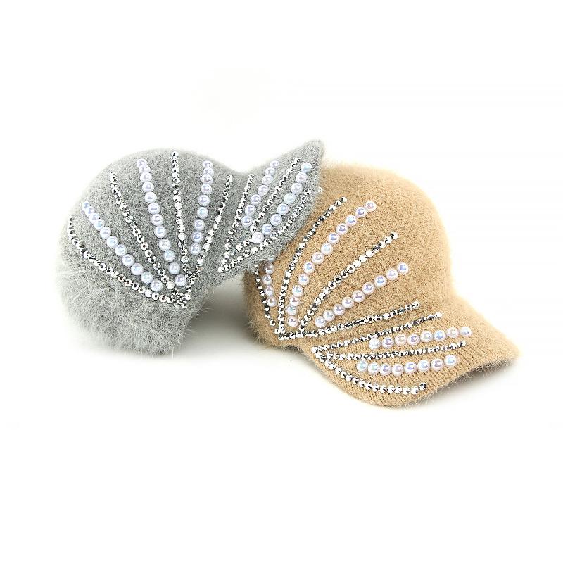 Женская вязаная шапка ручной работы на осень-зиму, теплая бейсболка с жемчугом, из искусственного кроличьего меха, с ромбовидным узором