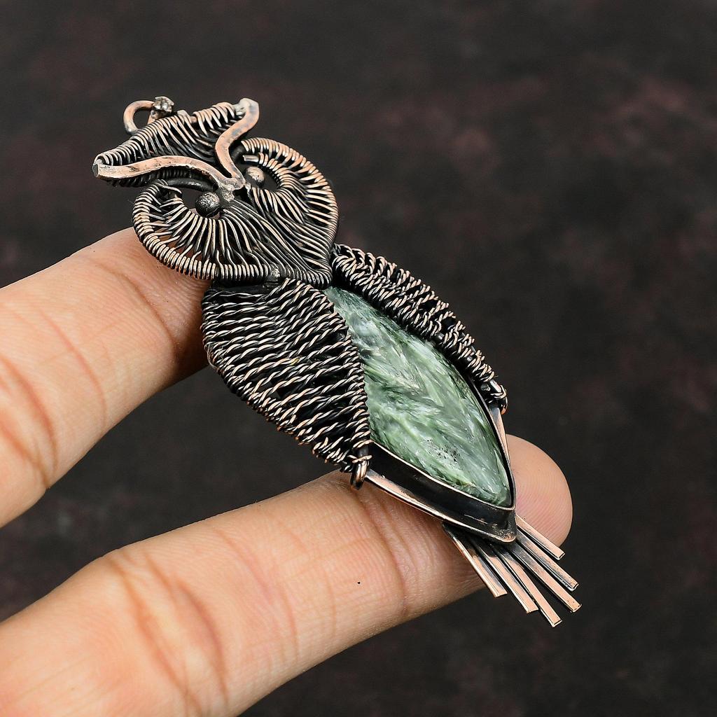 Подвеска из серафинита, медная проволочная обертка, серафинит, драгоценный камень, ювелирные изделия, подвеска ручной работы в стиле бохо, медные украшения, кулон в виде совы, подарок для женщин