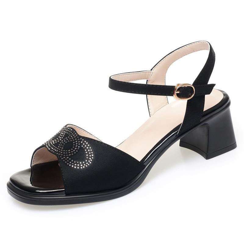 Женские босоножки со стразами на лето, удобные, для среднего возраста и повседневные, на среднем каблуке, на толстом каблуке, модные туфли на высоком каблуке