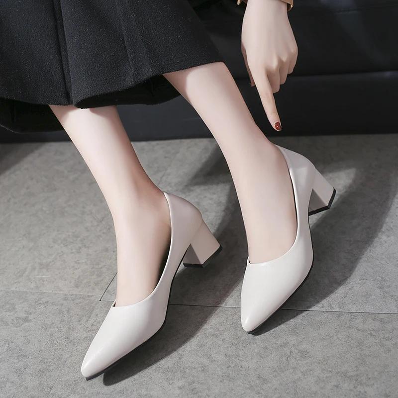 Острый носок квадратный каблук женские туфли с средним блочным каблуком неглубокая женская обувь формальный красный толстый последний элегантный платье