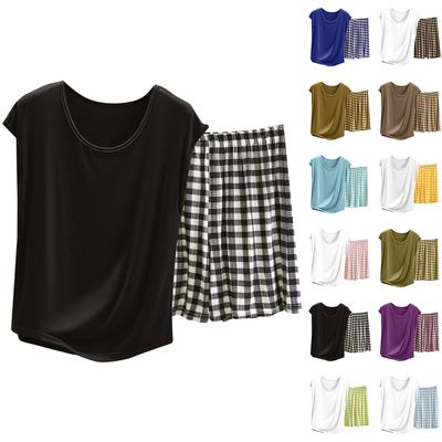 Женский повседневный и удобный топ с круглым вырезом однотонного цвета и шорты с клетчатым принтом большого размера