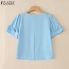 ZANZEA Women Casual Square Collar Loose Summer Short Sleeve Plain Blouse