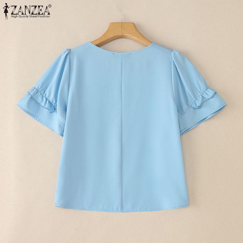 ZANZEA Women Casual Square Collar Loose Summer Short Sleeve Plain Blouse