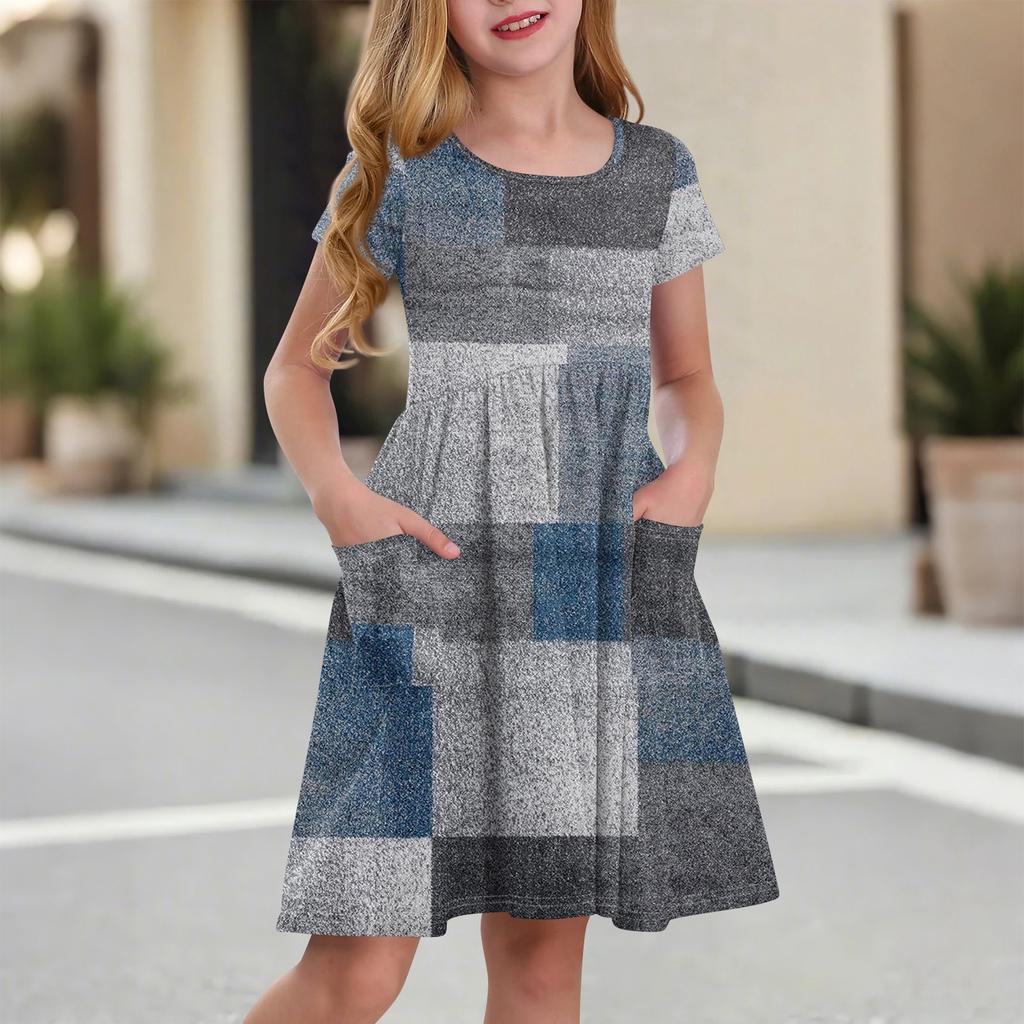 Детская юбка с круглым вырезом и коротким рукавом, платье принцессы, модное повседневное платье с карманами для девочек