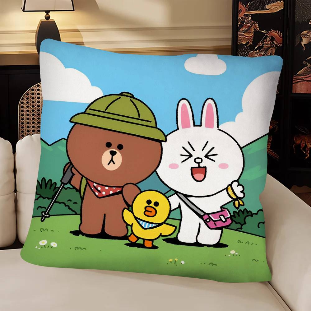 Cute Korean LLINE FRIENDS Brown Bear And Cony Pillow Case Fashion Square Pillowcase Bedroom Sofa Room Ins Decoration Leisure
