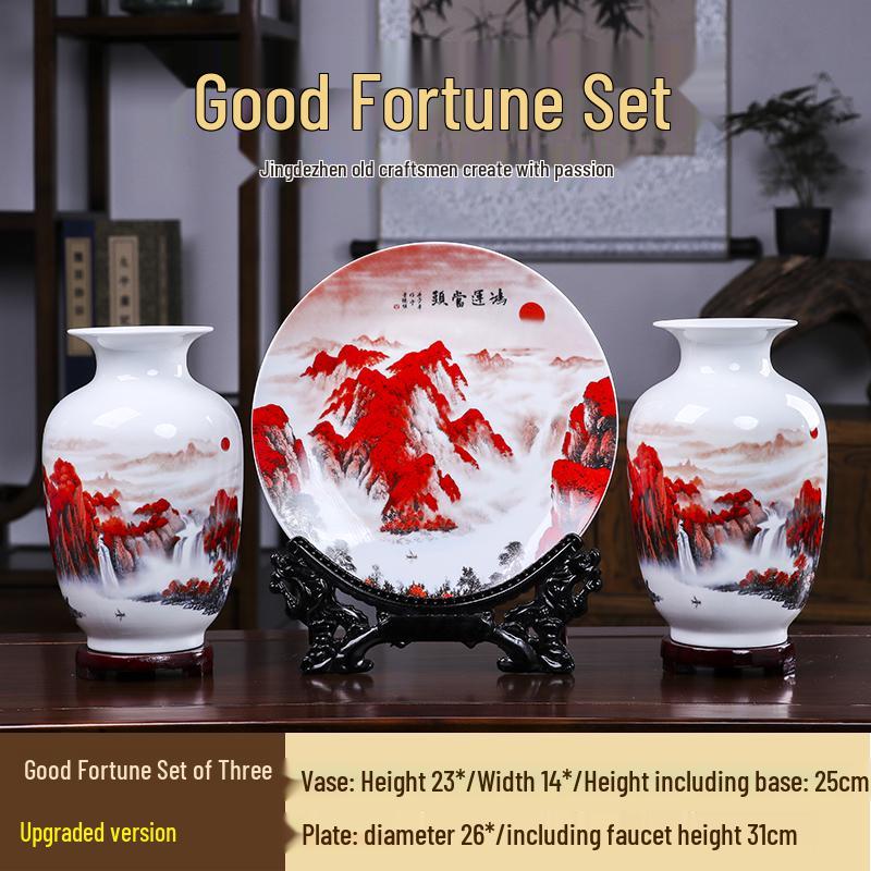 Good Fortune Jingdezhen Ceramic Vase Set: 3-Piece Décor for Living Room, Curio Shelf, or TV Cabinet