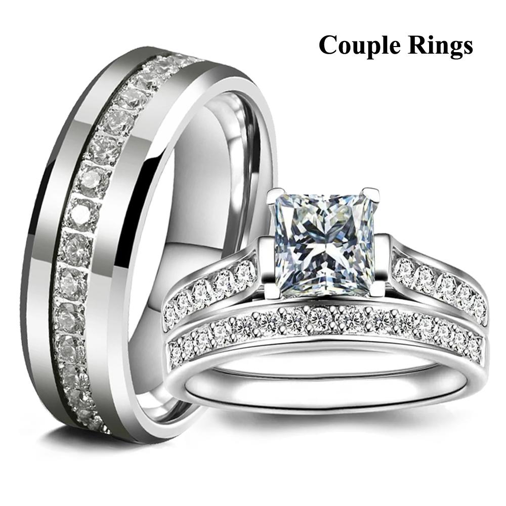 Fashion Couple Rings Exquisite Women Rhinestones Zirconia Rings Set Simple Men Stainless Steel CZ Stone Rings Wedding Jewelry