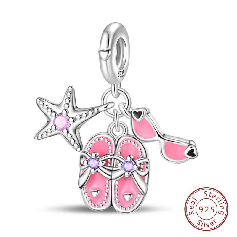 New Summer Day 925 Silver Seaside Sailboat Coconut Tree Sunglasses Camera Charms Beads Fit DIY Silver Bracelets Jewelry