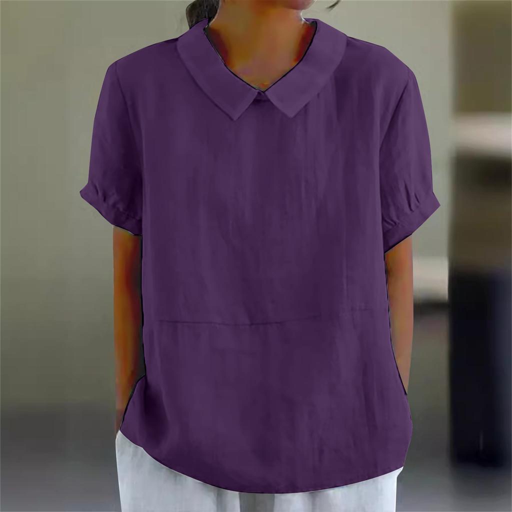 Womens Casual Peter Pan Collar Blouse Summer Loose Cotton Blouse Linen Tops Solid Color Short Sleeve Casual Ladies Breathable Shirt