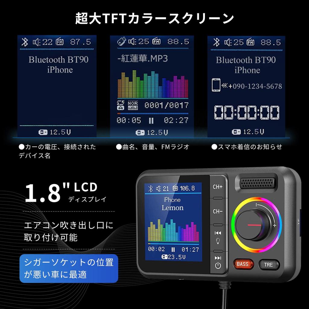 HUNDRUP FM-передатчик, Bluetooth 5.0, быстрая зарядка QC3.0, 2 USB-порта, голосовой помощник Siri,