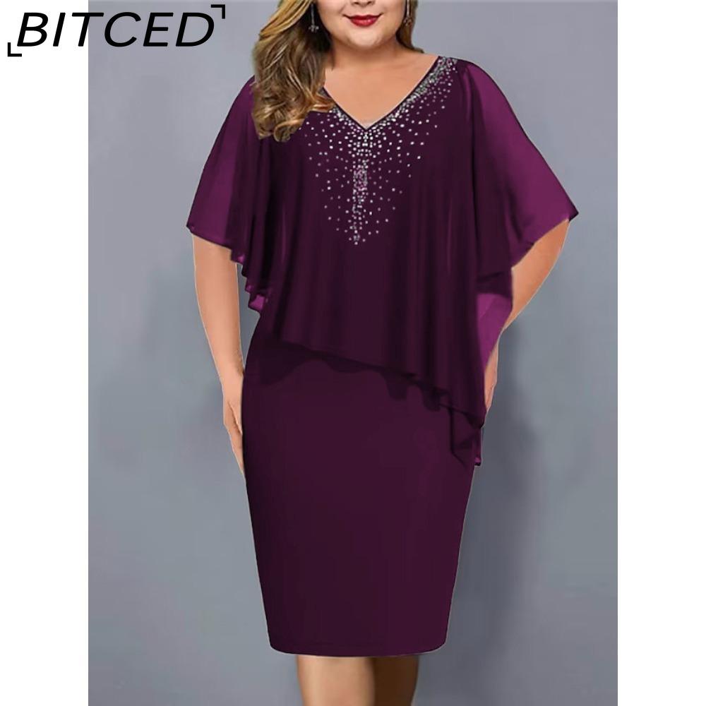 BITCED Women Plus Size V Neck Asymmetrical Buttocks Dress Chiffon Sequin Dress(L-5XL)