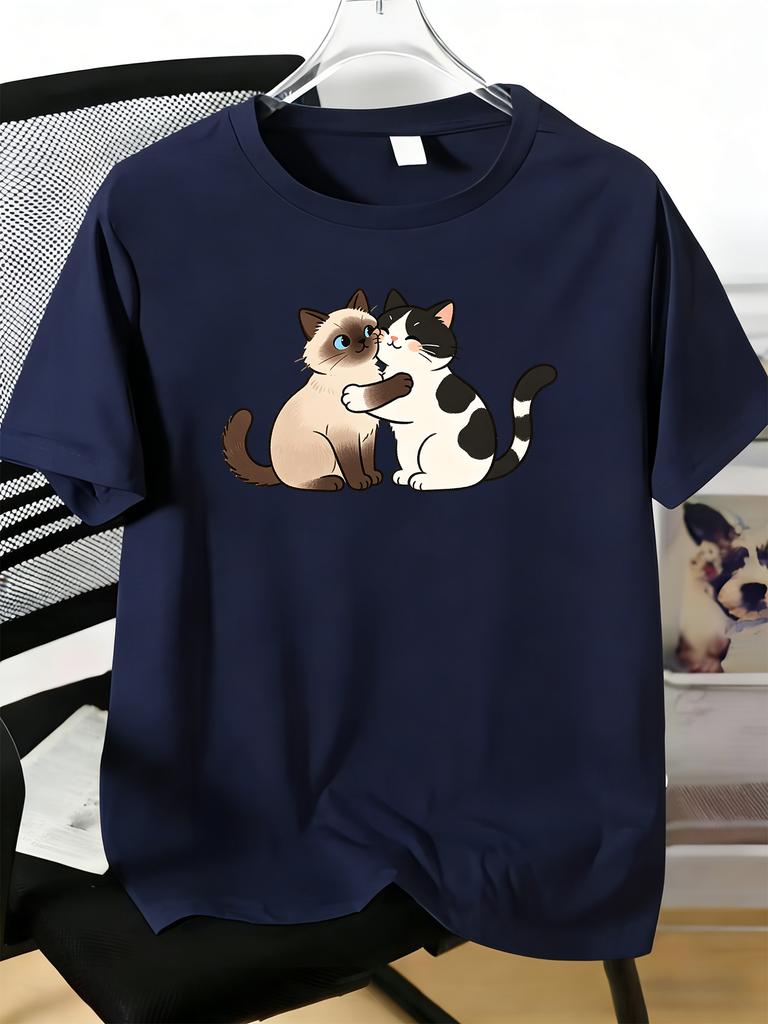 Unisexs Tee Sweet Hugging Couple Kitten Pattern Print Cotton Short Sleeve Male Casual Streetwear Outdoor Daily Basic Fashion Top