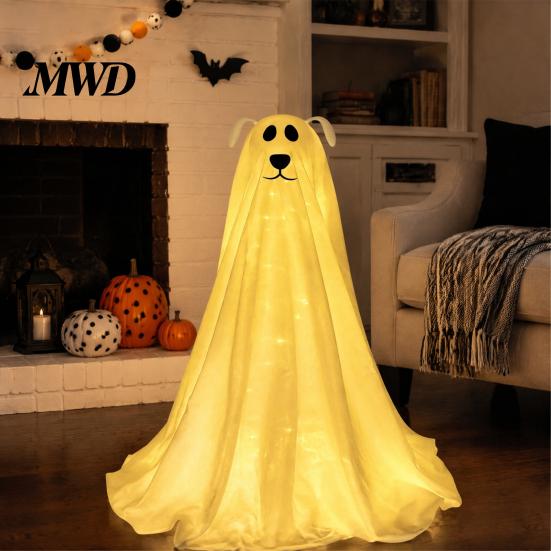 Spooky Dog Statue for Outdoors Lighted Ghost Halloween Decoration, Battery Operated Freestanding Family Friendly Horror Decorations with Remote