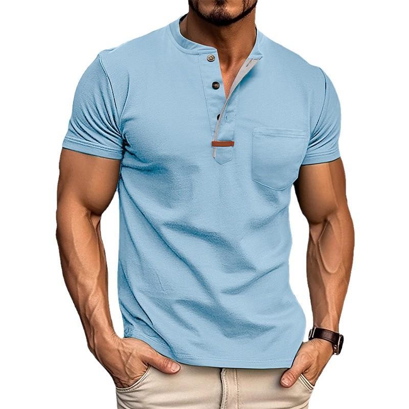 Summer Men's Henry Collar T-Shirts Solid Color Short Sleeve Tees Tops Men