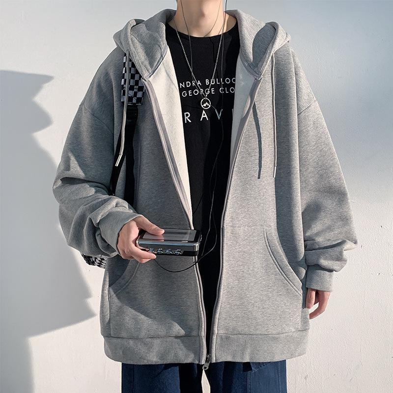 Men's Hooded Cardigan Sweatshirt - 2022 Autumn/Winter, Solid Color, Trendy Loose Fit, Sports Style, with Zipper.