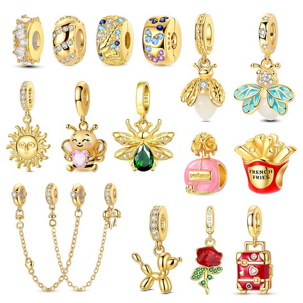 Beautiful 925 Silver Rose Fries Sun Firefly Bee Suitcase Gold Charm Fit DIY Bracelet Necklace Luxury Gift Pairing