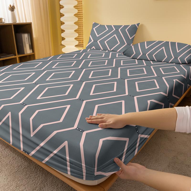 1 Simple Modern Geometry Printed Matte Fitted Sheet, Bedroom Printed Bed Cover, Bedding (Excluding Pillowcases)