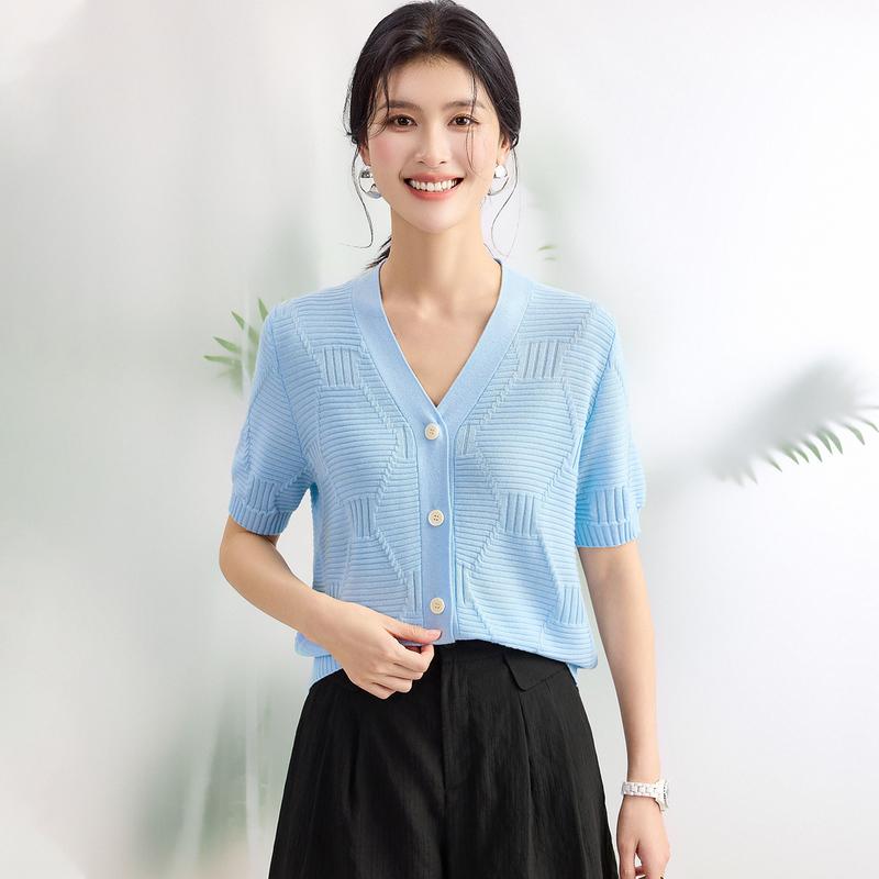 Pure color gentle short-sleeved cardigan jacket with mulberry silk, spring and summer new style, simple and versatile women's knitted sweater