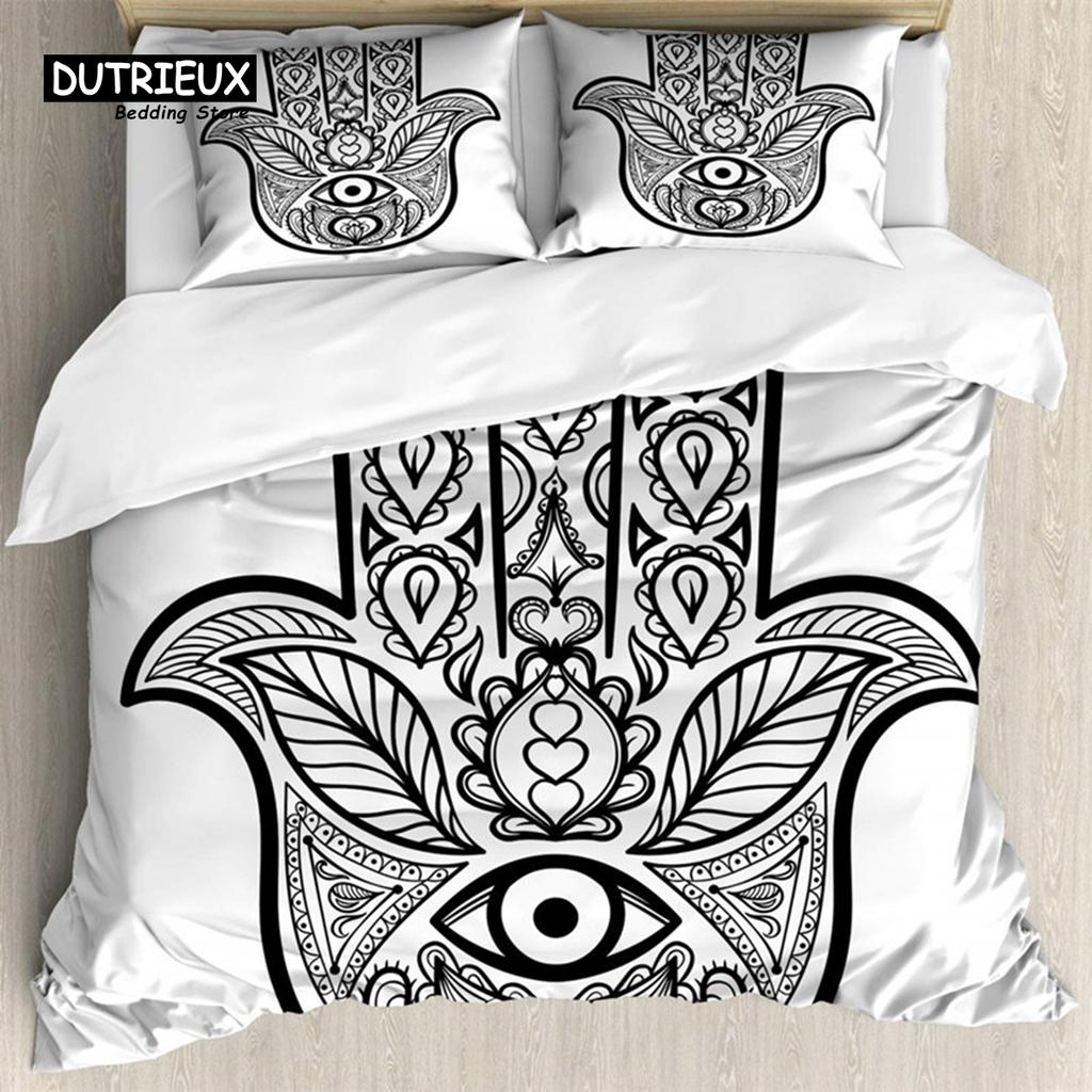 Hamsa Hand Duvet Cover Set Microfiber Golden Lucky Hand Of Fatima Bohemian Quilt Cover Black Gold Bedding Set Queen Room Decor