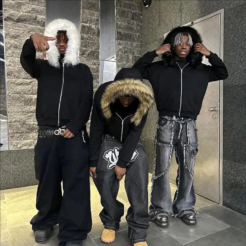 Ретро 2K Уличный Стиль Пушистая Толстовка с Капюшоном