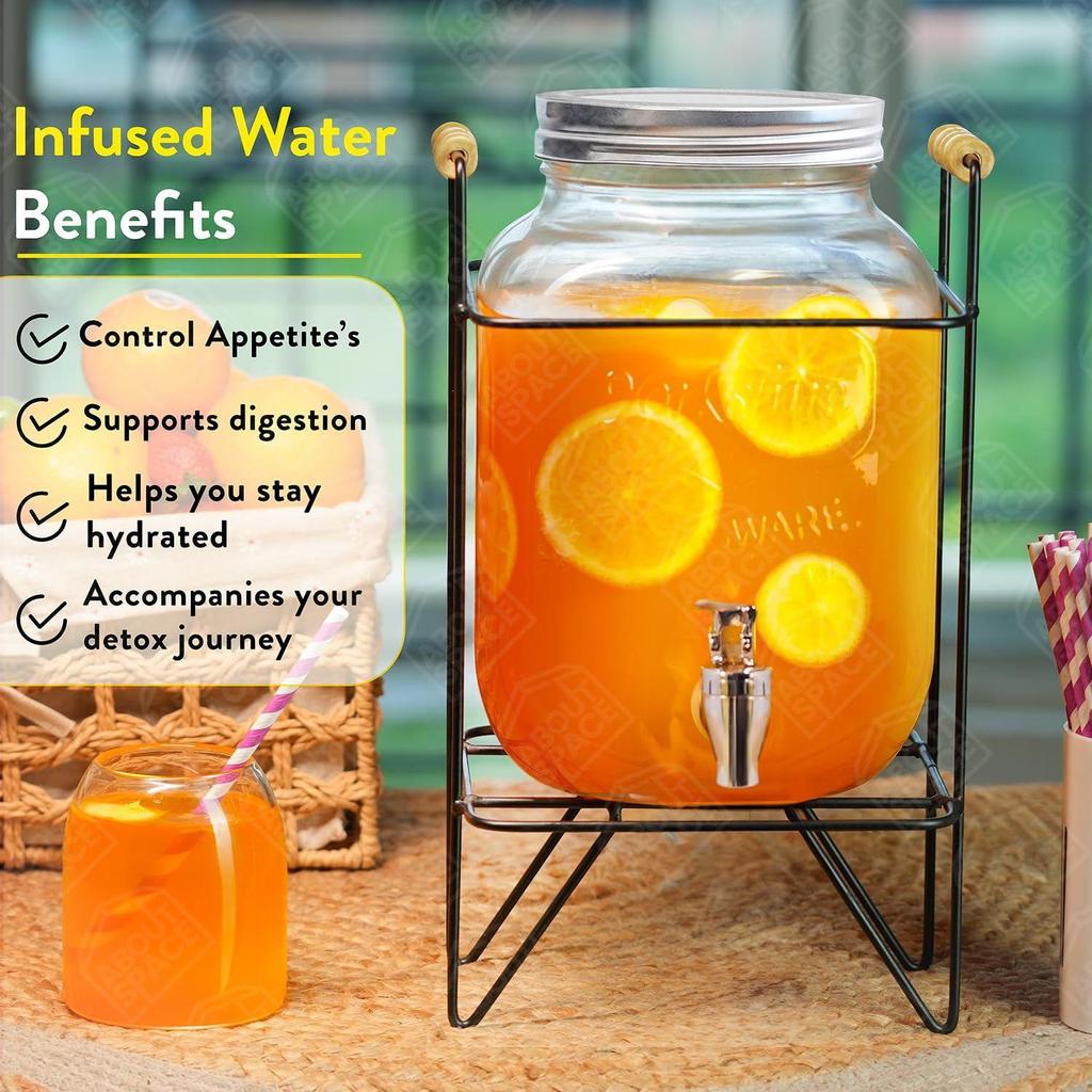 5-литровый стеклянный диспенсер для воды с подставкой - Герметичная крышка Стеклянный кувшин для детокс-воды - Банка Мейсона - Настольный