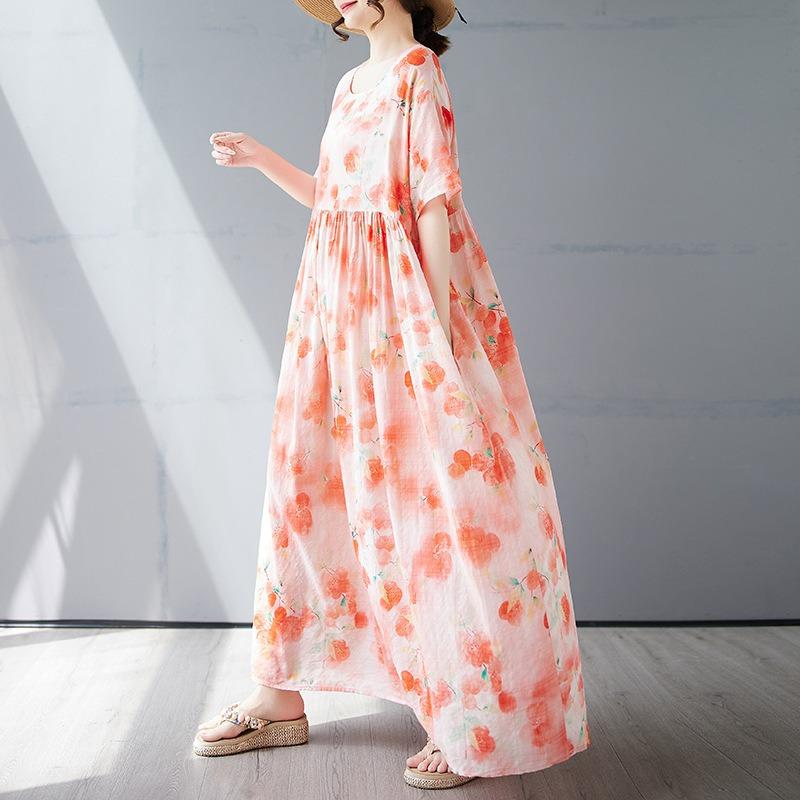 Summer new simple bohemian long dress fattened and enlarged short-sleeved crew neck printed dress women's clothing