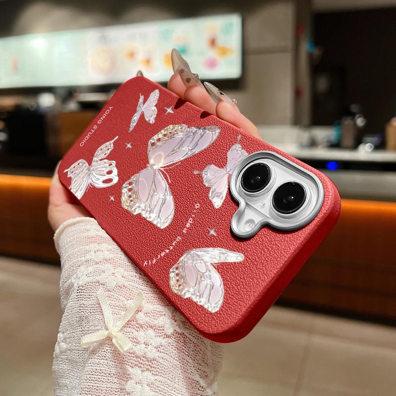 Тонкий мягкий чехол с рисунком бабочки и текстурой кожи для iPhone 16 Pro Max 15 14 Pro 13 12 11, матовая защита линз, противоударный чехол для телефона из ТПУ