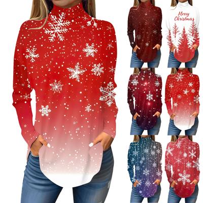 Женская модная повседневная футболка с высоким воротом и рождественским принтом, длинный рукав, пуловер, топ