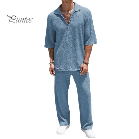 Мужской повседневный наряд из 2 шт./компл., топы с v-образным вырезом и лацканами и короткими рукавами, длинные брюки с широкими карманами, однотонный комплект для отдыха