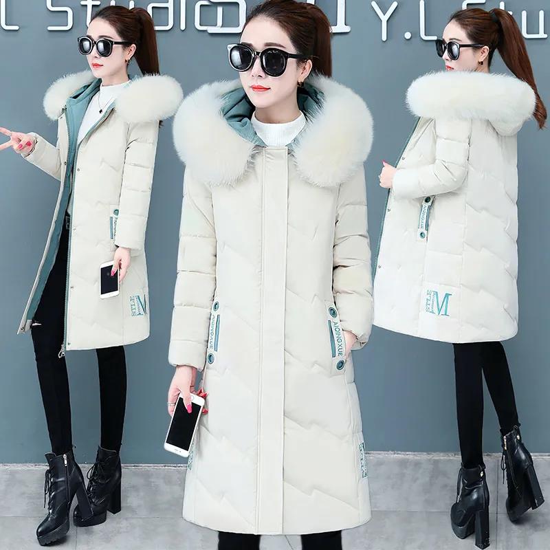 Пуховик зимняя корейская мода с большим меховым воротником средней длины с капюшоном толстая теплая куртка большого размера подходит для женщин