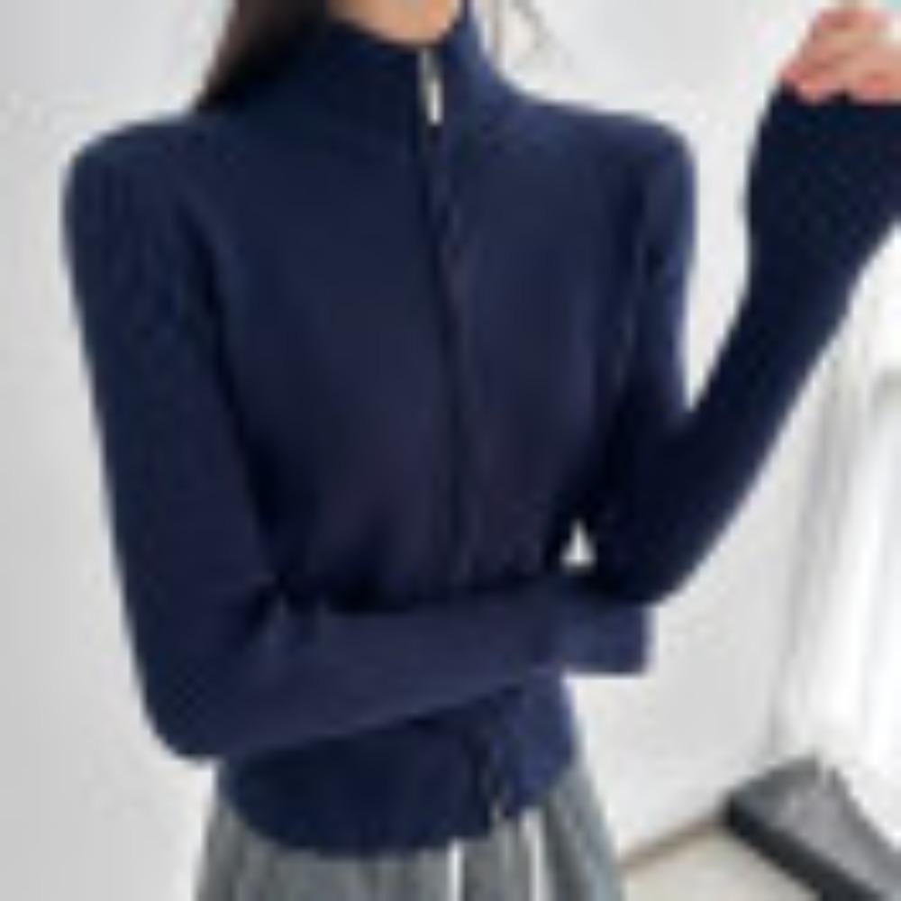 Стильный дизайн с воротником-стойкой для осени и зимы, вязаный кардиган с длинными рукавами на двойной молнии, облегающий топ, пальто-свитер для женщин