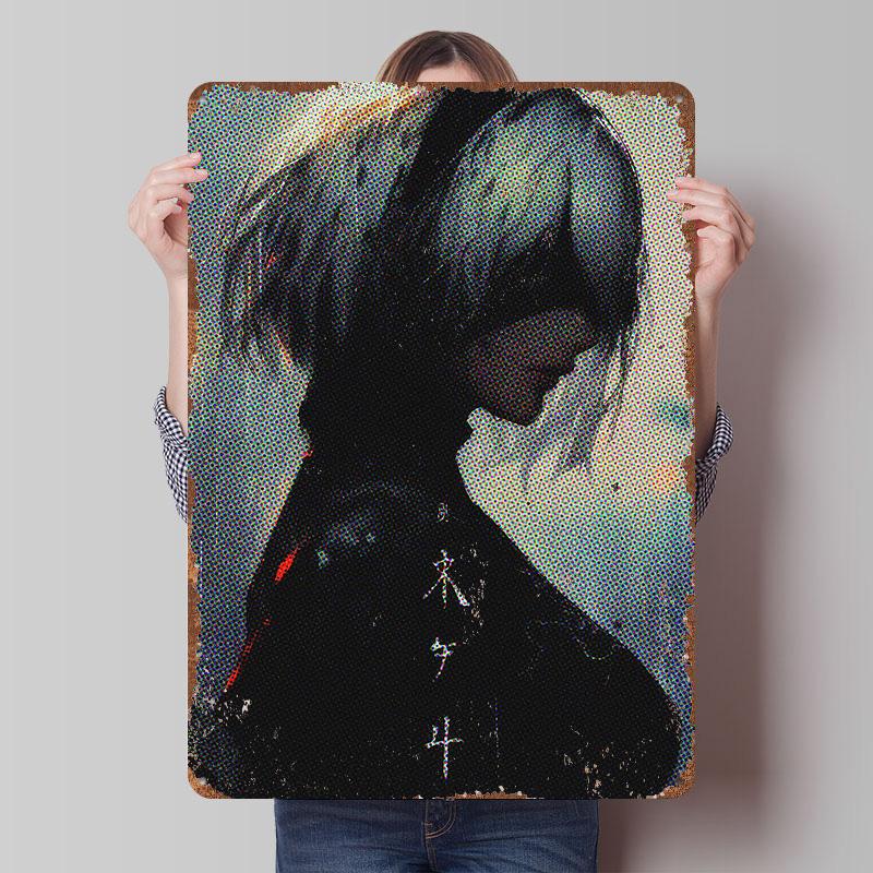 Anime Girl in Black Tinplate Poster Customized Wall Art Vintage Retro Metal Signs for Room Decoration Gaming Bar Accessories