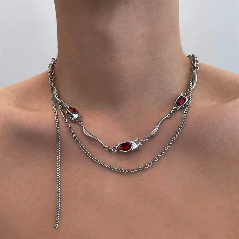 Vintage Black Red Zircon Pendant Necklace for Men Punk Silver Color Choker Chain Necklace Y2K Aesthetic Scene Jewelry Accessori