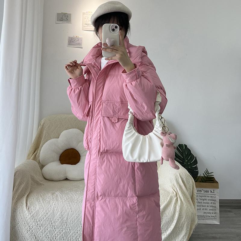 Женская куртка-пуховик средней и длинной длины 2024 года, зимняя, новая, утолщенная, свободная, модная, с капюшоном, до колена, белая, на утином пуху