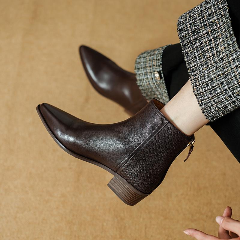 Fashion 2025 New Autumn Women Boots Pointed Toe Chunky Heel Shoes Genuine Leather Women Shoes Concise Zipper Ankle Boots Western Boots