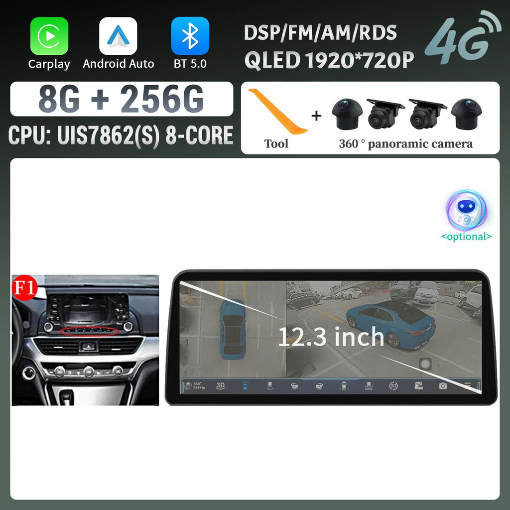 Android 14 12,3-дюймовый экран для Honda Accord 10 2018 2019 2020 2022 Автомагнитола Мультимедиа Навигация 4G Беспроводной BT CarPlay Стерео