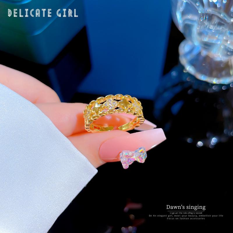 Real Gold Light Luxury Lucky Flower Ring Opening Adjustable Simple Jewelry Japanese Ring Couple Ring