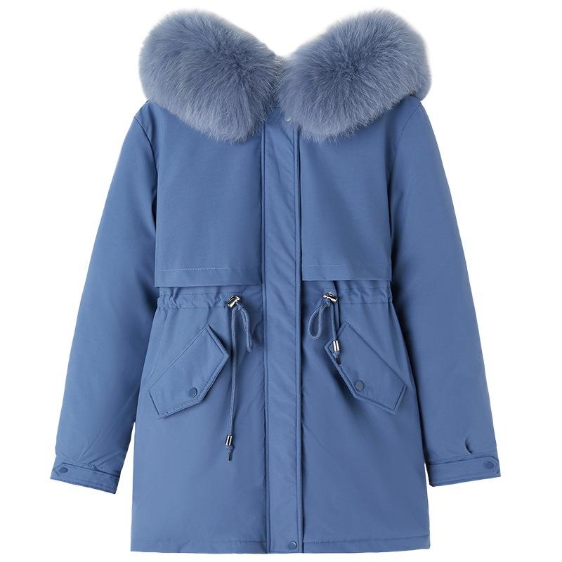Winter pie overcomes women's thickening and warmth, large fur collar medium and long styles with thin waist, windproof and cold-proof tooling and cot