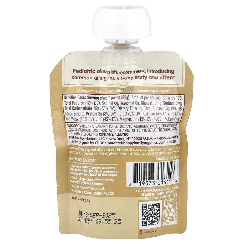 Happy Family Organics, Happy Baby®, Nutty Blends™, 6+ Months, Organic Banana, with 1/2 tsp Almond Butter, 3 oz (85 g)