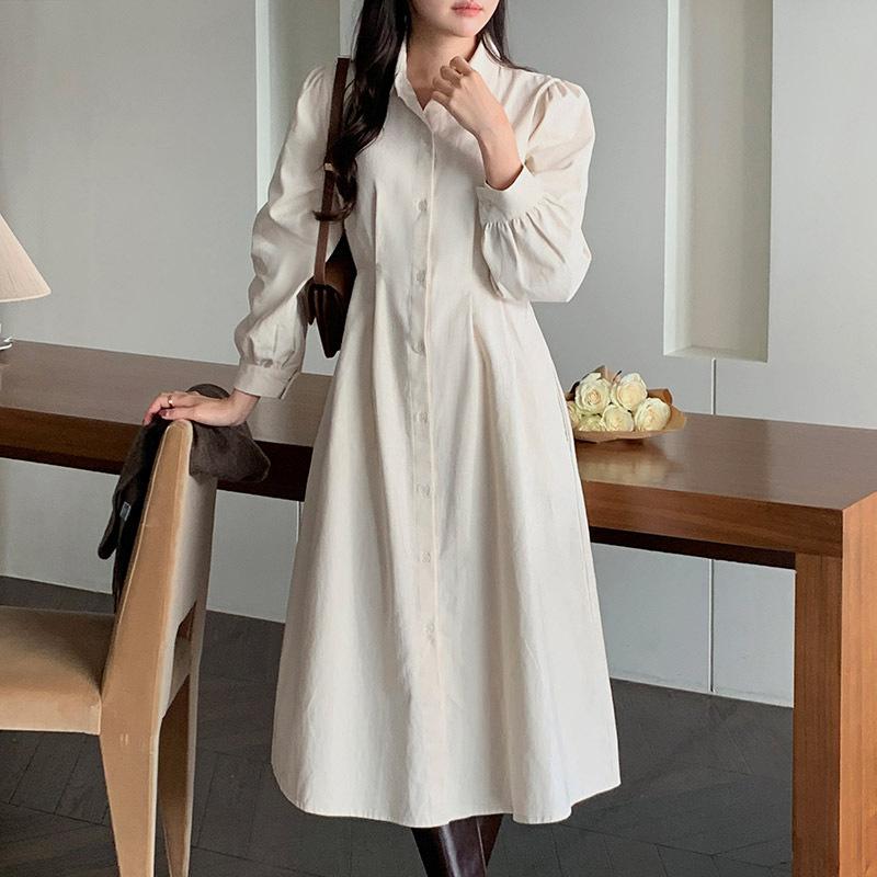 Ранняя весна Новый французский минималистский темперамент однобортное платье-рубашка с юбкой на шнуровке на талии